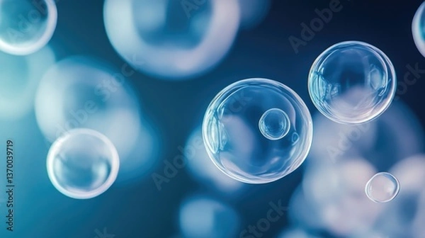 Fototapeta Ethereal Floating Bubbles Against a Soft Blue Background in a Dreamy and Abstract Atmosphere
