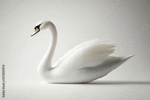 Fototapeta  A graceful white swan gliding across an imaginary surface, set against a white background. 
