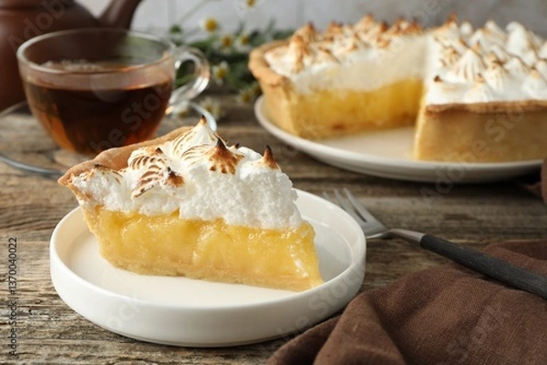 Fototapeta Piece of delicious pie with browned meringue and fork on wooden table, closeup