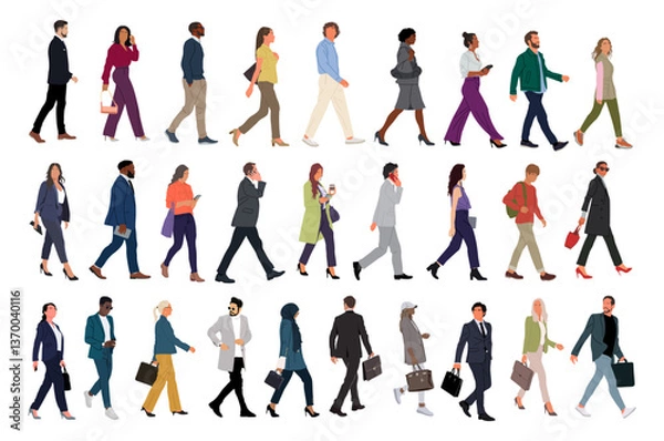Fototapeta Bundle of Various business people walking side view. Modern men and women different ethnicities, ages, body types in smart casual and formal office outfits with phone, briefcase, bags. Vector isolated