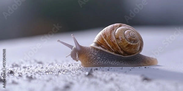 Fototapeta  A happy little snail slowly moving along a white surface, leaving a trail behind. 