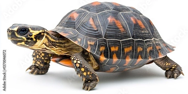 Fototapeta  A lovely tortoise slowly walking, emphasizing its shell against a white backdrop. 
