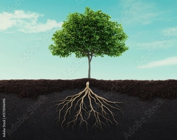 Fototapeta Tree Above Ground with Visible Roots Beneath Soil in Nature Scene