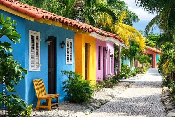Obraz Vibrant Caribbean Cottages with Palm Tree Lined Path