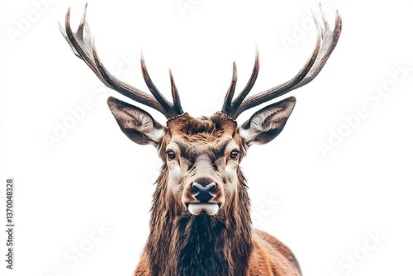 Fototapeta  A majestic stag with impressive antlers, standing regally against a white background. 