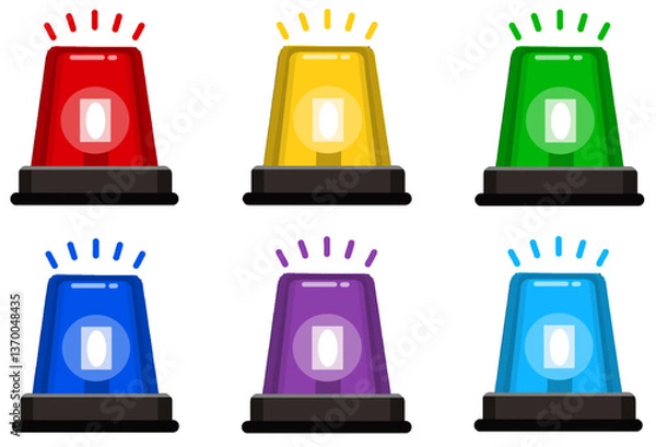 Obraz Emergency lights set in different colors. Collection of ambulance alert siren vector illustrations isolated on white background. Elements of police alarm, medical alarm in simple style in eps format. 