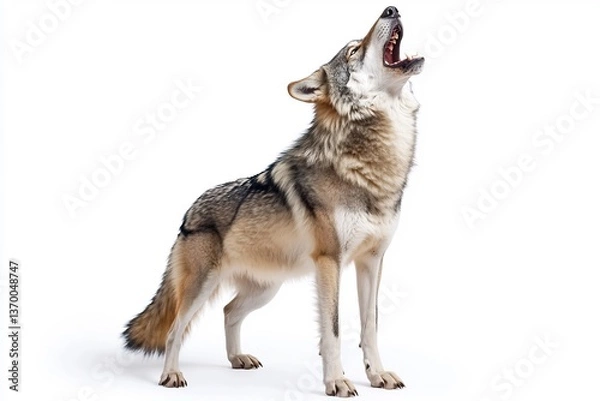 Fototapeta  A majestic wolf howling, with a powerful stance on a white backdrop. 