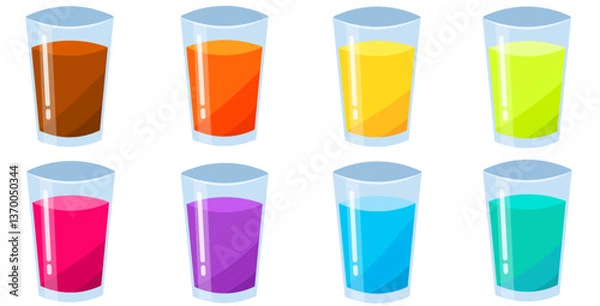 Obraz Set of sweet drinks isolated on white background. Various type of drinks inside transparent glass. Beverages set for summer and restaurant elements. Vector set with eps format.
