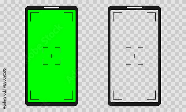 Fototapeta Smartphone camera interface with green screen overlay. Minimalist vector illustration of a smartphone camera interface with a green screen and checkered background