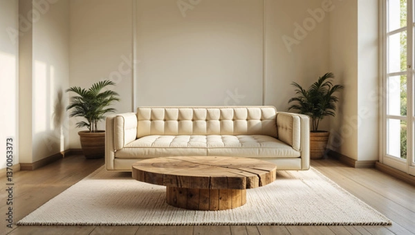 Fototapeta Serene living room featuring a cream tufted sofa, a rustic wooden coffee table, and lush potted plants bathed in warm sunlight.