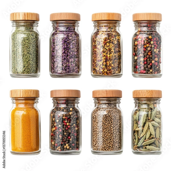 Obraz Glass spice jars with wooden lids containing various spices and herbs on isolate white Background 