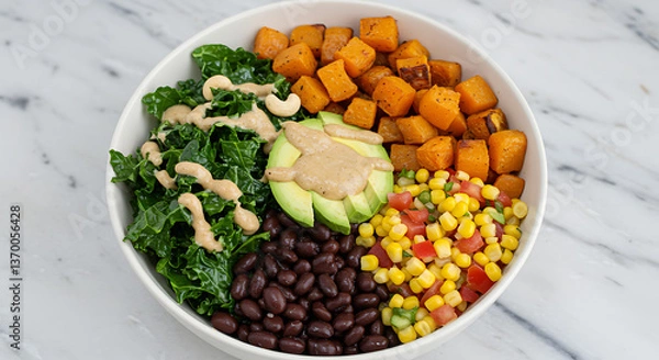 Fototapeta Vibrant Vegan Nourish Bowl Packed with Colorful Healthy Ingredients