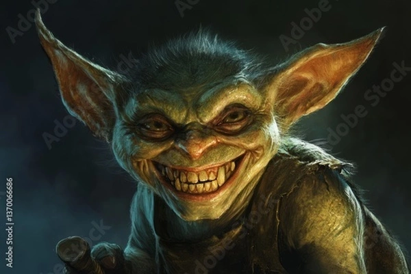 Fototapeta A goblin with a wicked grin, sharp claws, and a mischievous gleam in its eye. Digital art painting