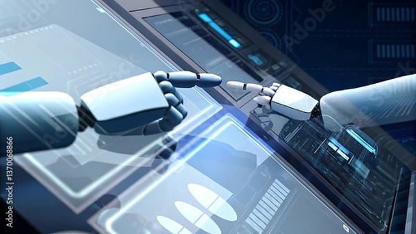 Fototapeta Two robotic arms collaboratively interact on a futuristic digital interface, showcasing seamless technological synergy with cool blue tones and sleek design elements.
