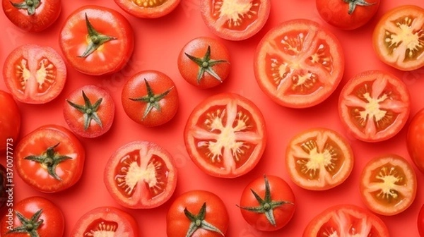 Obraz Fresh Sliced and Whole Red Tomatoes on Vibrant Red Background