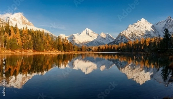 Fototapeta 日の出の時間帯、澄み切った湖に完璧に映る雪を頂いた山の反射
