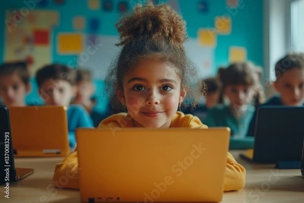 Fototapeta Diverse children using laptop computers in computer class of primary school, learning computer science