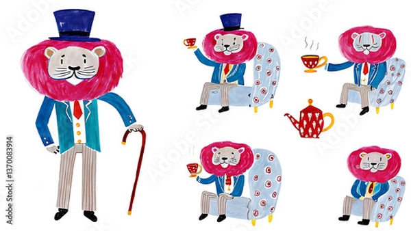 Fototapeta A dapper pink-maned lion, enjoying a sophisticated tea party in various charming poses, showcasing whimsical watercolor illustrations.