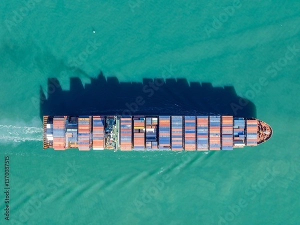 Fototapeta Aerial view of a cargo ship transporting shipping containers across the ocean. The vessel is moving goods for international trade and commerce. , AUCKLAND, NZ
