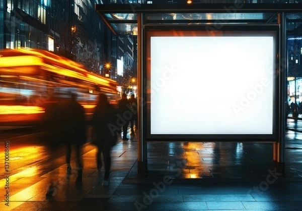 Fototapeta Blank Billboard Ad Space at Night with Blurred Lights on a Wet Reflective City Street Showing Urban Scene and Pedestrians in Motion