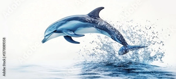Fototapeta  A playful dolphin leaping out of an imaginary sea, captured on a white background. 