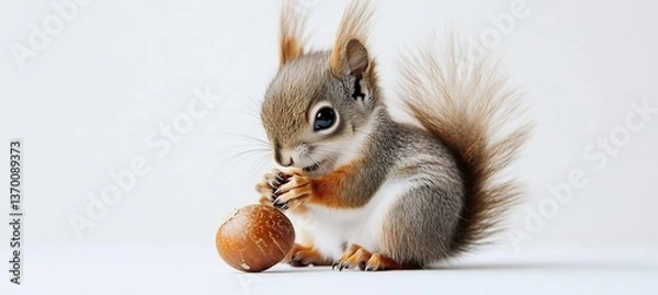 Fototapeta  A playful baby squirrel with fluffy fur, sitting on a white background, holding an acorn. 