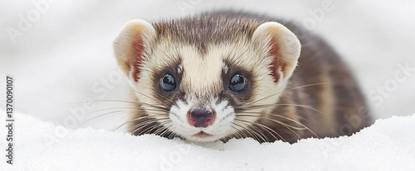 Fototapeta  A playful ferret exploring curiously on a clean white surface. 
