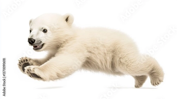 Fototapeta  A polar bear cub playfully tumbling on a white background. 