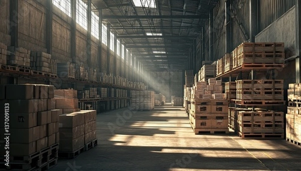 Fototapeta Spacious warehouse interior, filled with stacks of boxes and crates. Sunlight streams in through high windows
