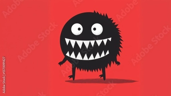 Fototapeta Playful Cartoon Monster with Big Eyes and Sharp Teeth on Red Background