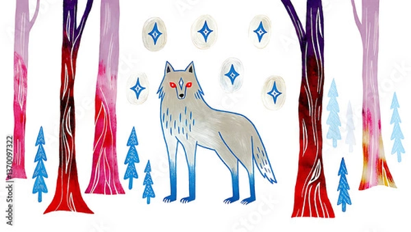Fototapeta A majestic silver wolf stands under a mystical night sky in an enchanted forest, glowing softly with vibrant color and whimsical linework.