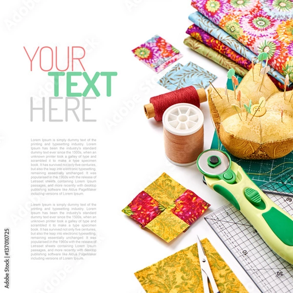 Obraz Accessories for quilting on a white surface, top view