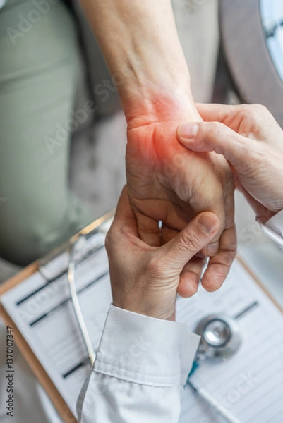 Fototapeta Carpal tunnel syndrome (CTS) pressure on nerve; Osteoarthritis, Ganglion cysts, Gout, De Quervain tenosynovitis or Kienbock disease (Avascular necrosis)  ache pain in patient's wrist joint and bone