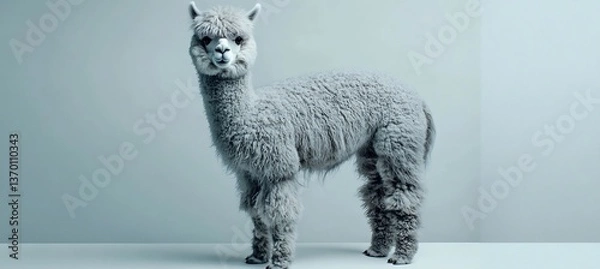 Fototapeta  A regal alpaca with a fluffy coat, standing elegantly on a white surface. 