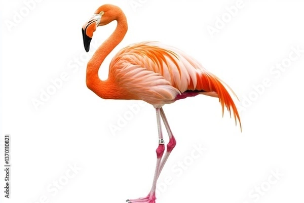 Fototapeta  A regal flamingo standing elegantly on one leg, set against a clean white backdrop. 