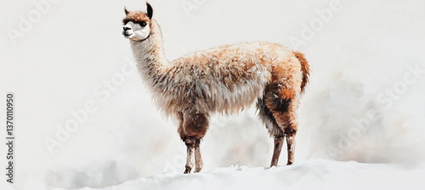 Fototapeta  A regal alpaca with a fluffy coat, standing elegantly on a white surface. 