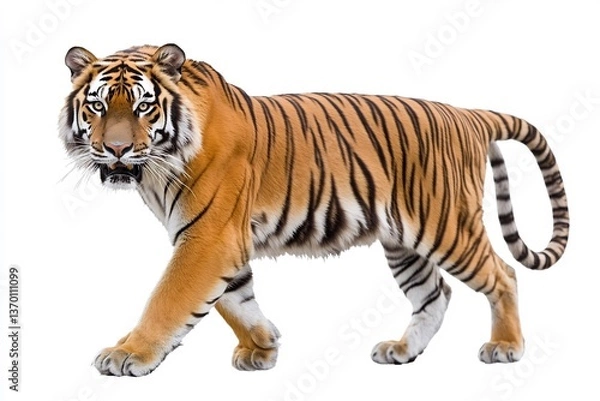 Fototapeta  A regal Siberian tiger prowling gracefully on a white background. 