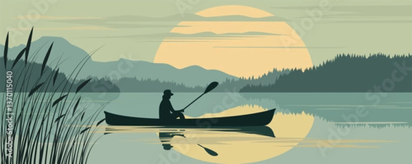 Obraz Fisherman in a boat on a lake against the backdrop of sunrise or sunset, forest, mountains, birds and reed silhouettes. A man sails in a boat against the backdrop of the sun, forest and mountains. 