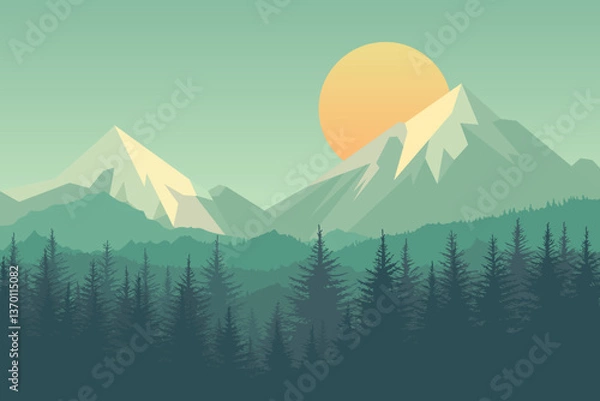 Fototapeta Mountain sunset, beautiful landscape illustration. High mountains covered with snow, forest silhouettes, fog and sunset.