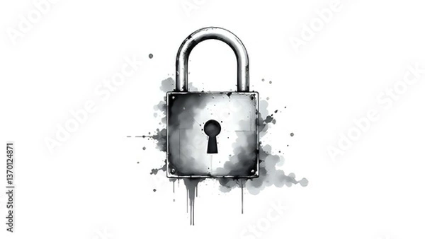 Fototapeta black and white ink splash illustration of a metal padlock with keyhole, artistic and vintage mysterious concept 