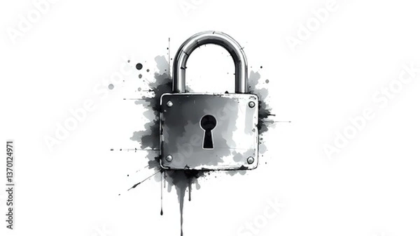 Fototapeta black and white ink splash illustration of a metal padlock with keyhole, artistic and vintage mysterious concept 