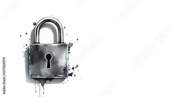 Fototapeta black and white ink splash illustration of a metal padlock with keyhole, artistic and vintage mysterious story telling concept 