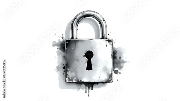 Fototapeta black and white ink splash illustration of a metal padlock with keyhole, artistic and vintage mysterious concept 