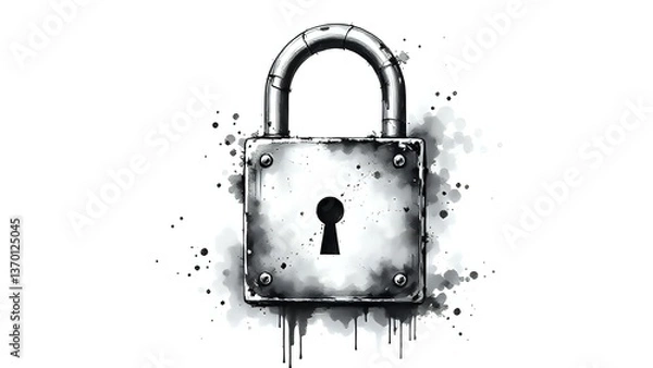 Fototapeta black and white ink splash illustration of a metal padlock with keyhole, artistic and vintage mysterious concept 