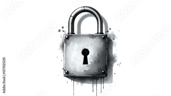 Fototapeta black and white ink splash illustration of a metal padlock with keyhole, artistic and vintage mysterious concept 