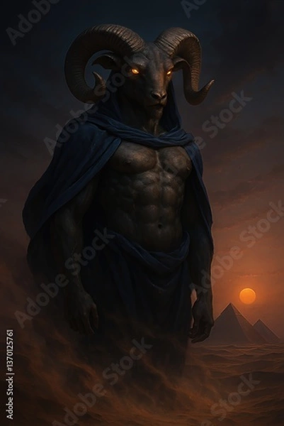 Fototapeta Photorealistic depiction of Amon with a ram’s head, standing in the vast Egyptian desert during sunset. His blue cloak flows with the desert wind, and glowing golden eyes pierce the twilight. A fusion