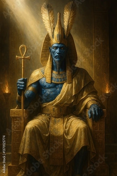 Fototapeta A hyper-realistic image of Amon seated on an ornate golden throne within a grand ancient Egyptian temple. Clad in flowing royal robes with cosmic symbols and wearing a tall feathered headdress