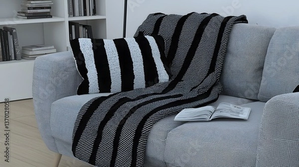 Fototapeta Cozy Modern Sofa with Black and White Stripes and Textiles in a Contemporary Living Room