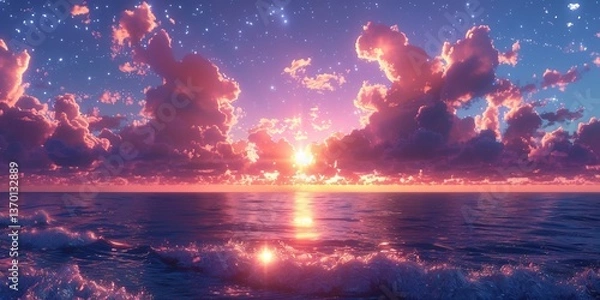 Fototapeta  A serene sunset over a calm sea, where the sky is filled with soft oranges and pinks and the water reflects the vibrant hues, with gentle waves rolling in toward a sandy beach 