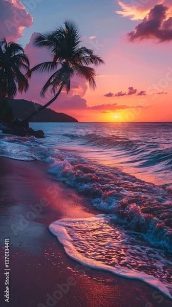 Obraz  A serene sunset over a tropical beach, with palm trees swaying gently in the breeze, and the sky ablaze with shades of pink, orange, and purple. 